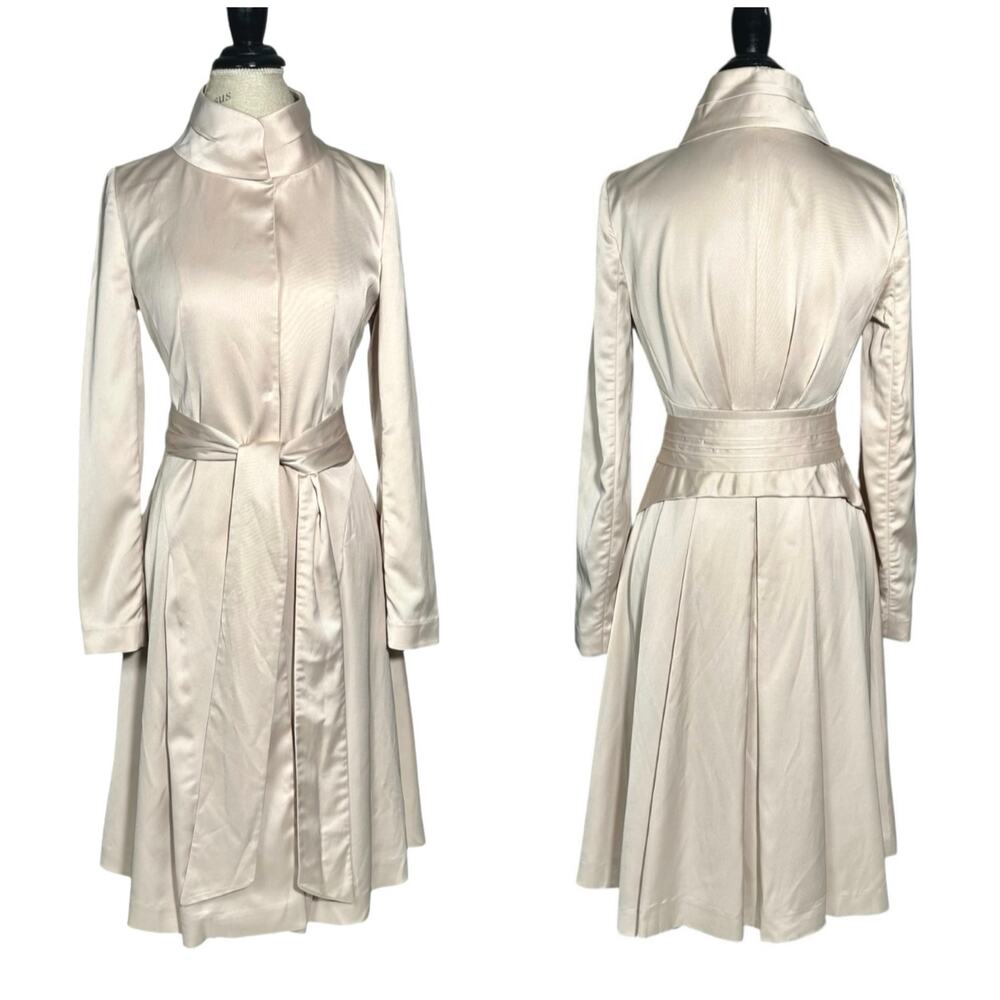 Solezia | Women | Cream Sand Satin Fitted Mid Length Belted Coat | Size XS